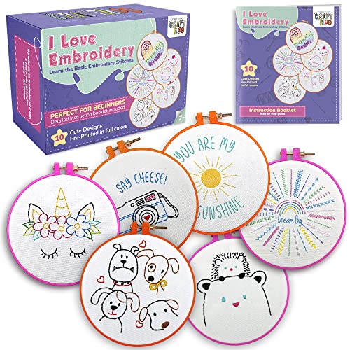 CRAFTILOO 10 Pre-Stamped Embroidery Patterns for Beginners Embroidery Kit for Kids Girls Needlepoint Kits for Beginners Cross Stitch Craft Sewing Perfect for Ages 7-13 - Image 1