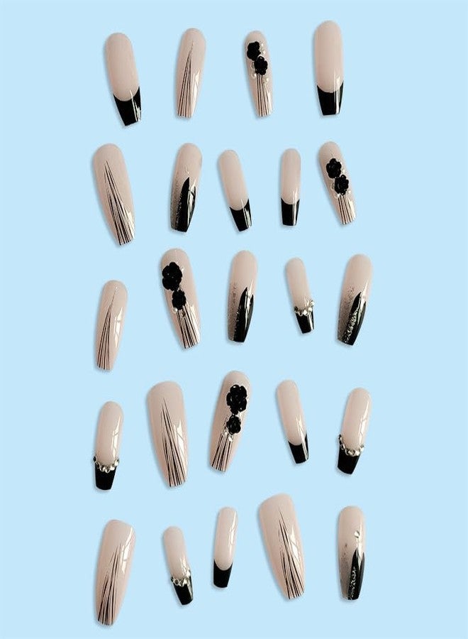 KRESHU 24Pcs Black Flower Diamonds False Nail Full Cover Fake Nail Elegant Glitter French Nails Coffin Flase Nail Press on Nails for Women & Girls, Halloween Wedding Gifts(1-Set) - Image 5