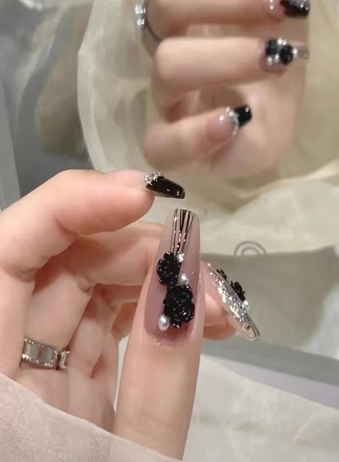 KRESHU 24Pcs Black Flower Diamonds False Nail Full Cover Fake Nail Elegant Glitter French Nails Coffin Flase Nail Press on Nails for Women & Girls, Halloween Wedding Gifts(1-Set) - Image 3