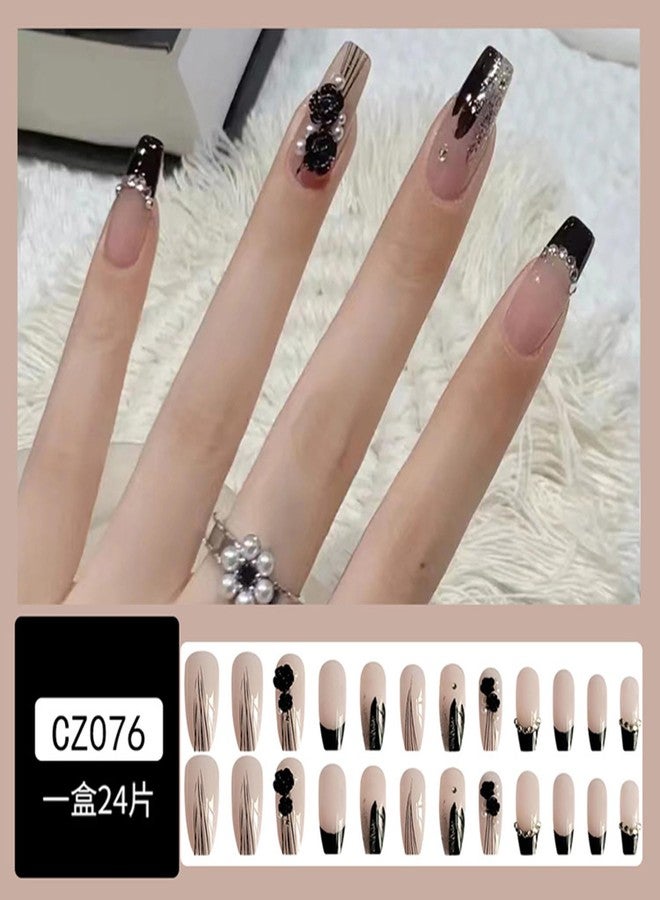 KRESHU 24Pcs Black Flower Diamonds False Nail Full Cover Fake Nail Elegant Glitter French Nails Coffin Flase Nail Press on Nails for Women & Girls, Halloween Wedding Gifts(1-Set) - Image 2