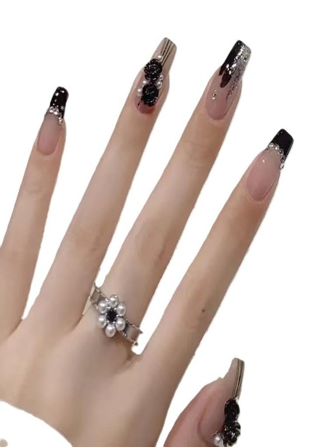 KRESHU 24Pcs Black Flower Diamonds False Nail Full Cover Fake Nail Elegant Glitter French Nails Coffin Flase Nail Press on Nails for Women & Girls, Halloween Wedding Gifts(1-Set) - Image 1