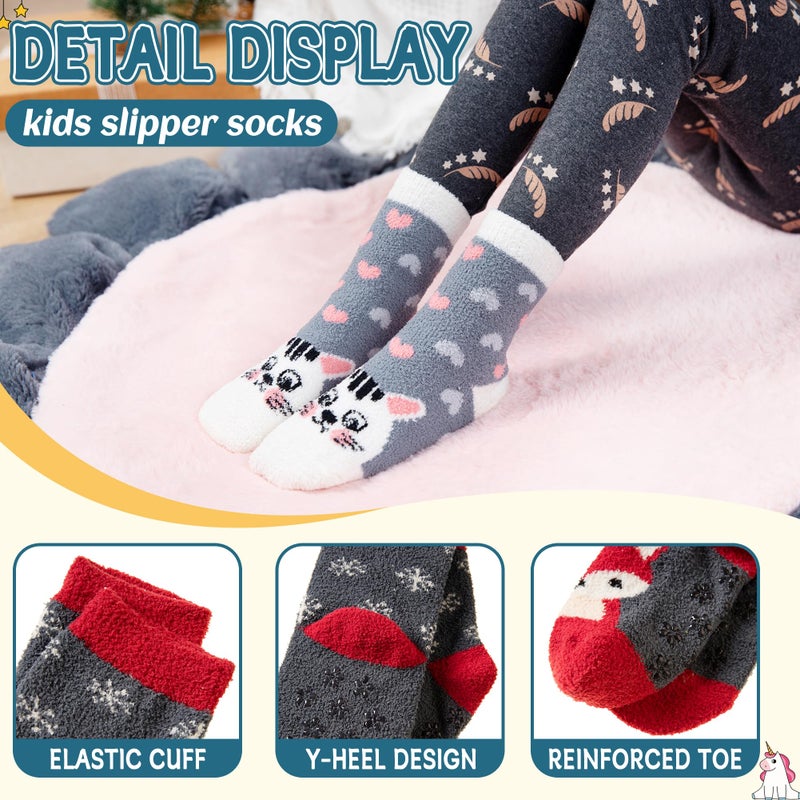 Eyean Kids Fuzzy Socks Non Slip Soft Fluffy Slipper Grips Socks Warm Plush Cozy Cabin Boy Girls Crew Socks 6 Pairs (Non Slip-Animal, 4-7 Years) - Image 4