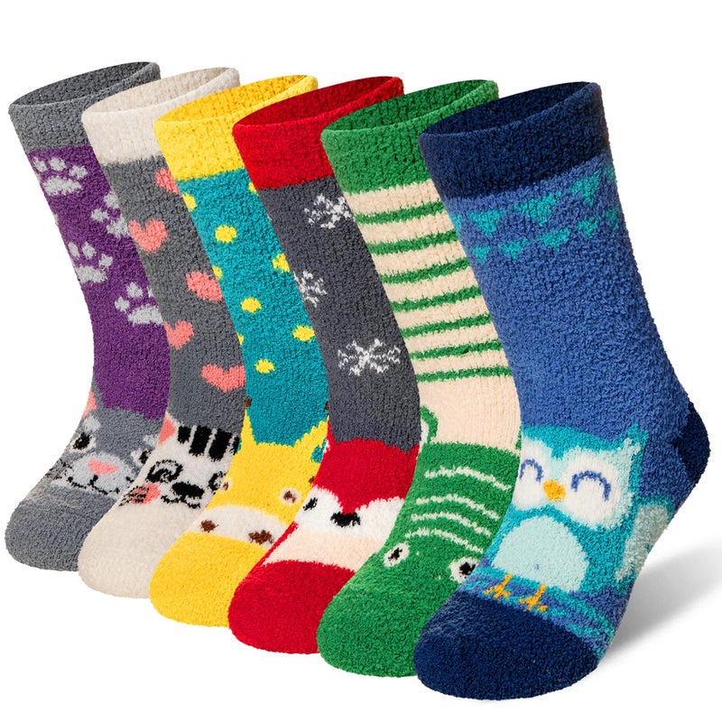 Eyean Kids Fuzzy Socks Non Slip Soft Fluffy Slipper Grips Socks Warm Plush Cozy Cabin Boy Girls Crew Socks 6 Pairs (Non Slip-Animal, 4-7 Years) - Image 1