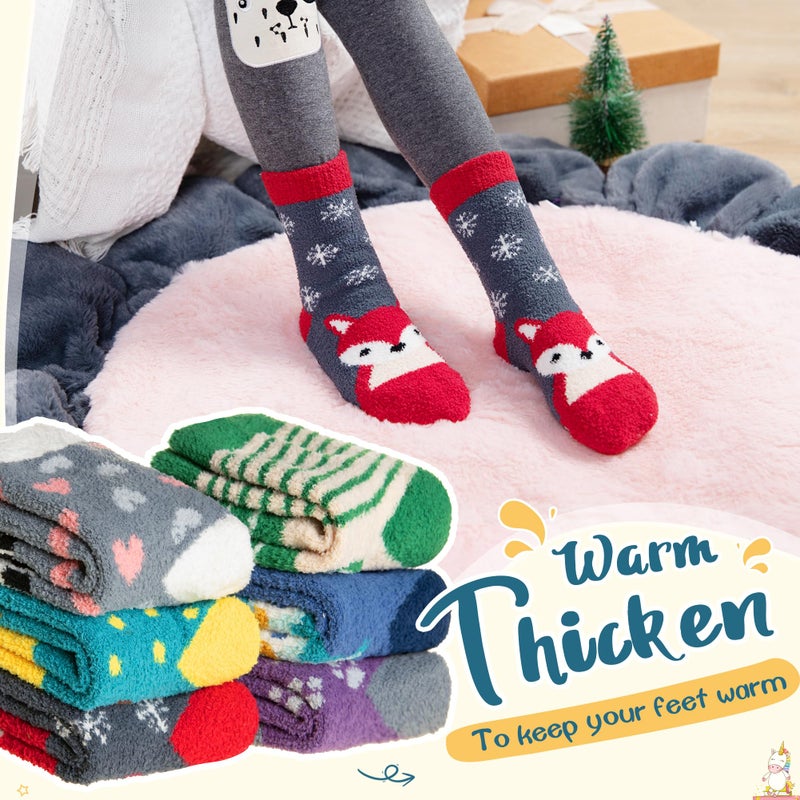 Eyean Kids Fuzzy Socks Non Slip Soft Fluffy Slipper Grips Socks Warm Plush Cozy Cabin Boy Girls Crew Socks 6 Pairs (Non Slip-Animal, 4-7 Years) - Image 3