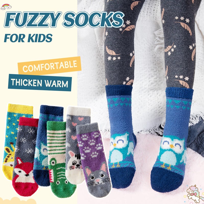 Eyean Kids Fuzzy Socks Non Slip Soft Fluffy Slipper Grips Socks Warm Plush Cozy Cabin Boy Girls Crew Socks 6 Pairs (Non Slip-Animal, 4-7 Years) - Image 5