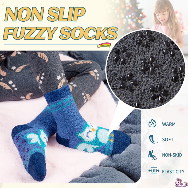 Eyean Kids Fuzzy Socks Non Slip Soft Fluffy Slipper Grips Socks Warm Plush Cozy Cabin Boy Girls Crew Socks 6 Pairs (Non Slip-Animal, 4-7 Years) - Image 2