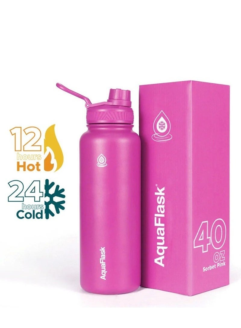AquaFlask زجاجة ماء 40 أونصة / 1.18 لتر مع غطاء فوهة معزولة بالفراغ من الفولاذ المقاوم للصدأ (وردي 40 أونصة / 1.18 لتر) - Image 1