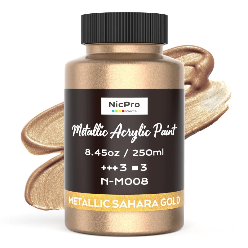 Nicpro Metallic Sahara Gold Acrylic Paint, 8.45oz/250ml Large Gold Leaf Paint, Non Toxic, Non Fading Gold Paints for Metal, Wood, Craft, Clay, Fabric, Canvas, Furniture, Handcrafts, Art Supplies - Image 1