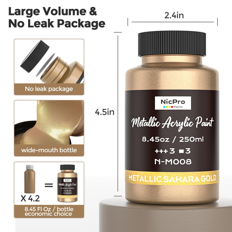 Nicpro Metallic Sahara Gold Acrylic Paint, 8.45oz/250ml Large Gold Leaf Paint, Non Toxic, Non Fading Gold Paints for Metal, Wood, Craft, Clay, Fabric, Canvas, Furniture, Handcrafts, Art Supplies - Image 3