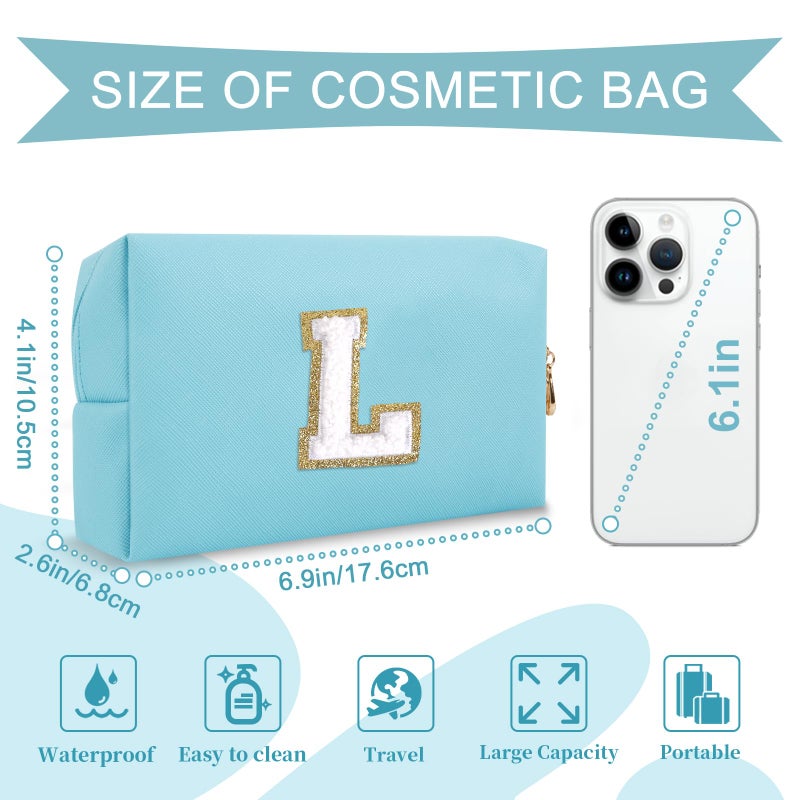 ChaoGreat حقيبة مكياج صغيرة مخصصة من A-Z Preppy Patch Pu Chenille Letter حقيبة مستحضرات التجميل للسفر مع سحاب أزرق لطيف حقيبة أدوات الزينة هدية مثالية للفتيات المراهقات والنساء المعلمات وحرف وصيفة العروس L - Image 2