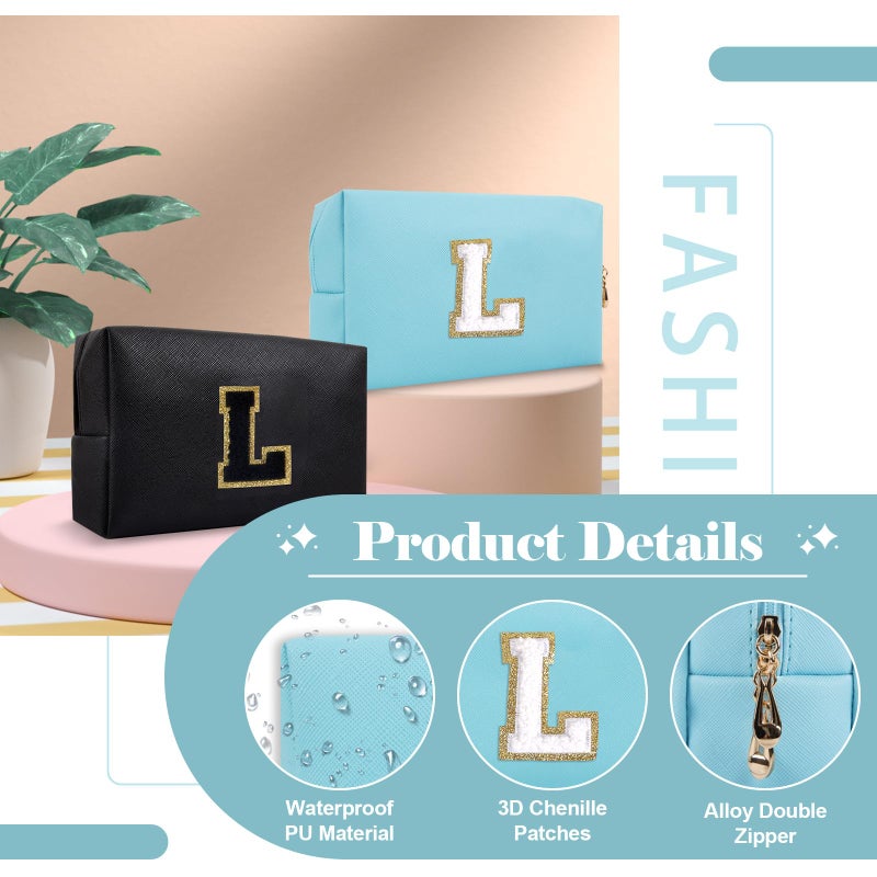 ChaoGreat حقيبة مكياج صغيرة مخصصة من A-Z Preppy Patch Pu Chenille Letter حقيبة مستحضرات التجميل للسفر مع سحاب أزرق لطيف حقيبة أدوات الزينة هدية مثالية للفتيات المراهقات والنساء المعلمات وحرف وصيفة العروس L - Image 3