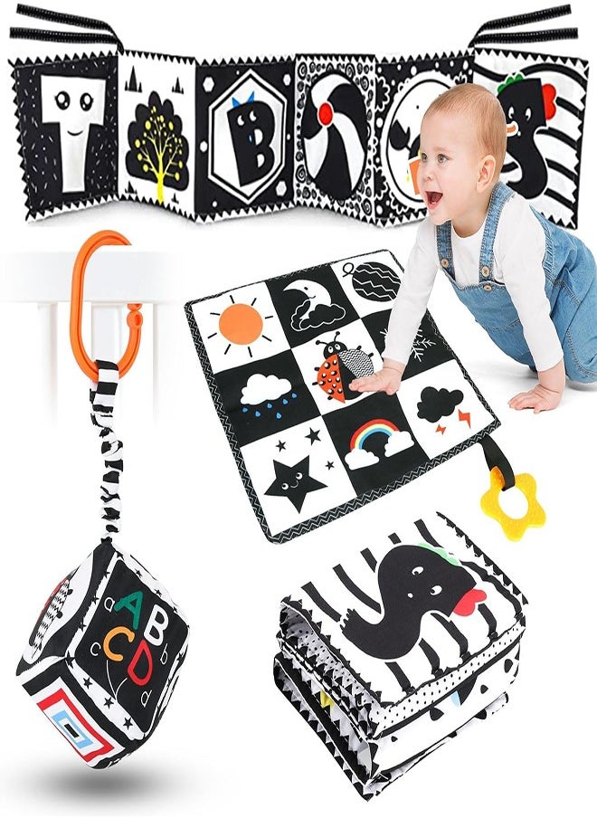 0TO1 TECH Baby Soft Fabric Book 3PCS 3D Tactile High Contrast Fabric Book Baby Fabric Book Black and White Active Pleated Baby Book  - Image 1