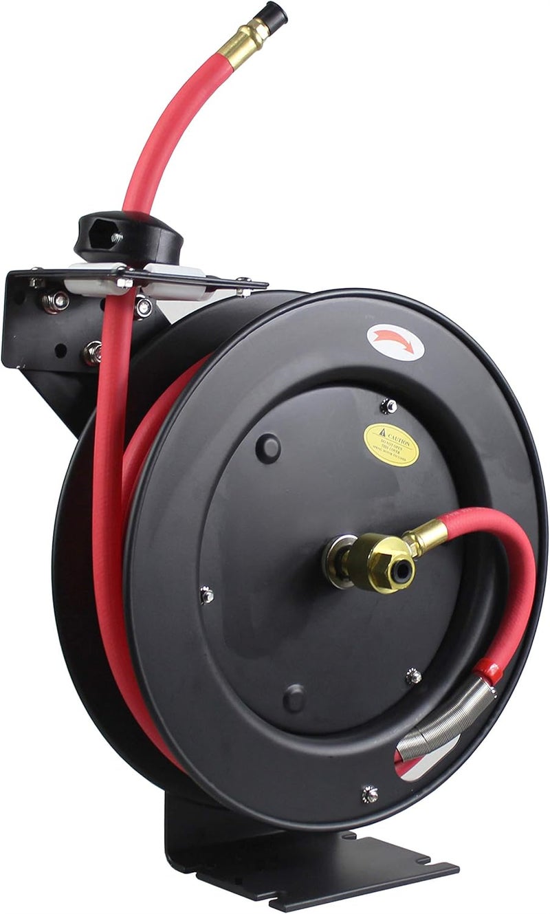 Maxworks ماكس ووركس 50104 بكرة قابلة للسحب بطول 25 قدم مع خرطوم هواء بطول 38 × 25 مع تركيبات نحاسية باللون الأسود والأحمر - Image 1