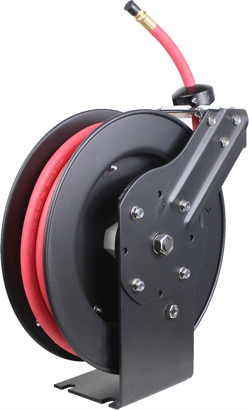 Maxworks ماكس ووركس 50104 بكرة قابلة للسحب بطول 25 قدم مع خرطوم هواء بطول 38 × 25 مع تركيبات نحاسية باللون الأسود والأحمر - Image 4