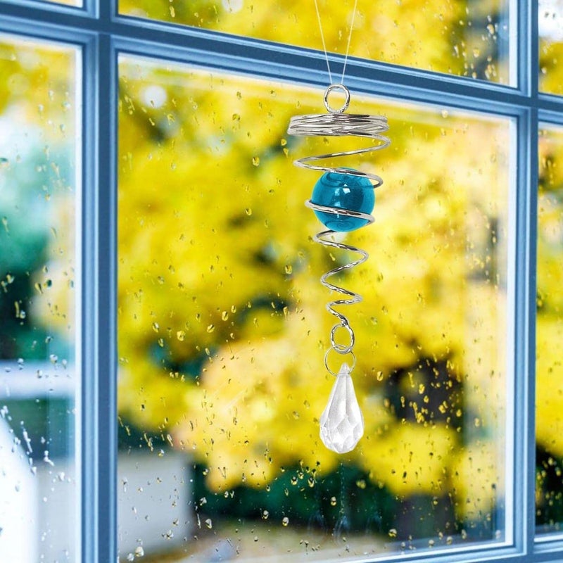 KLIZNIL Gazing Ball Spiral Tail Wind Chime Rotating Wind ChimesTwister Rotating Spiral Tail Wind Chime SilverCrystal Sky Blue Gazing Ball Spiral Double Tail - Image 2