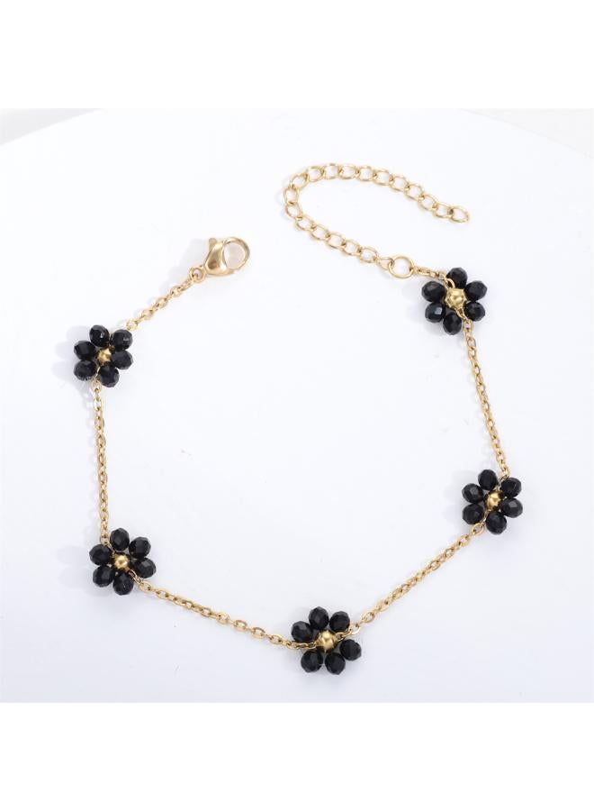 Cross Border Color Crystal Flower Pearl Flower Stainless Steel Dopamine Advanced Sense Style Titanium Steel Bracelet Ankle Chain For Women 