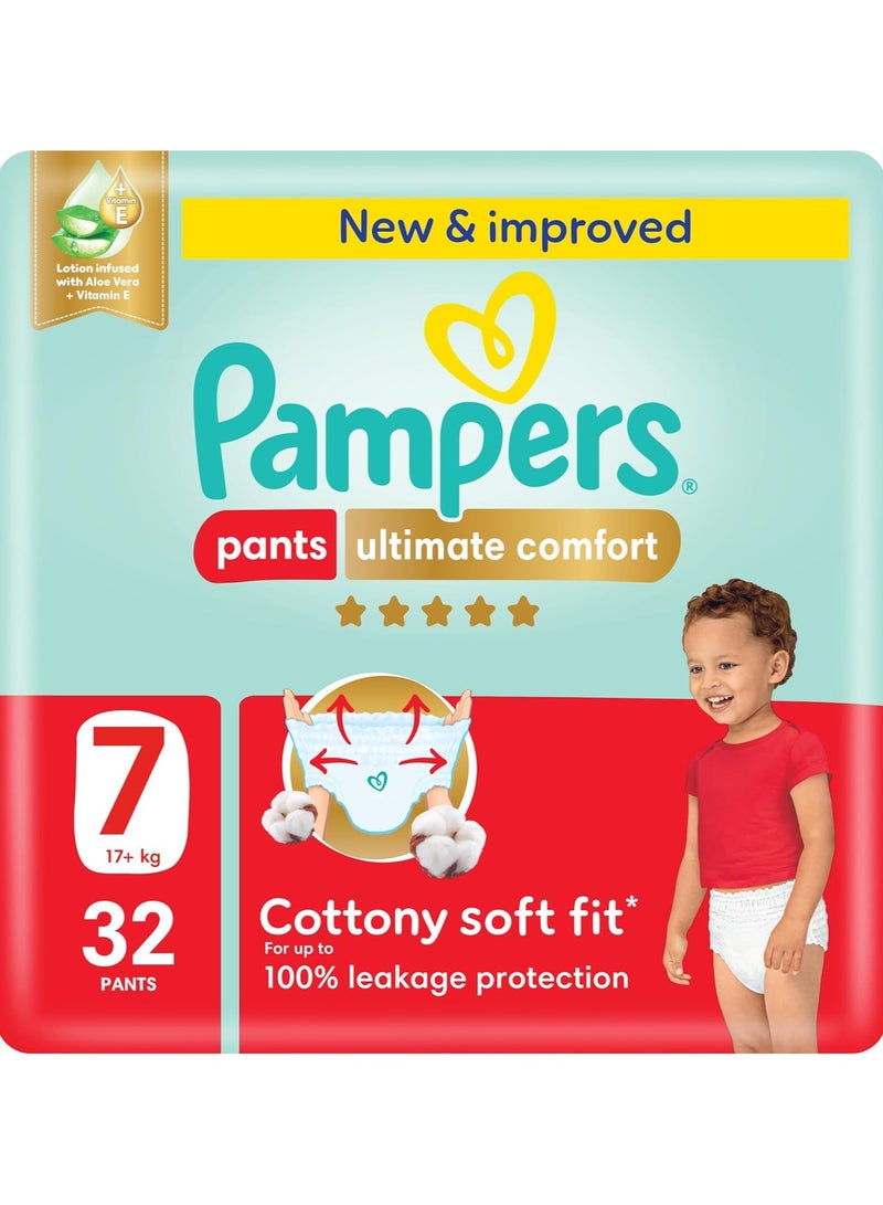 Pampers Ultimate Comfort Pants Diapers, Size 7, 17+kg, Lotion infused with Aloe Vera and Vitamin E, Cottony Soft Fit for up to 100% Leakage Protection, Super Saving Pack, 32 Count