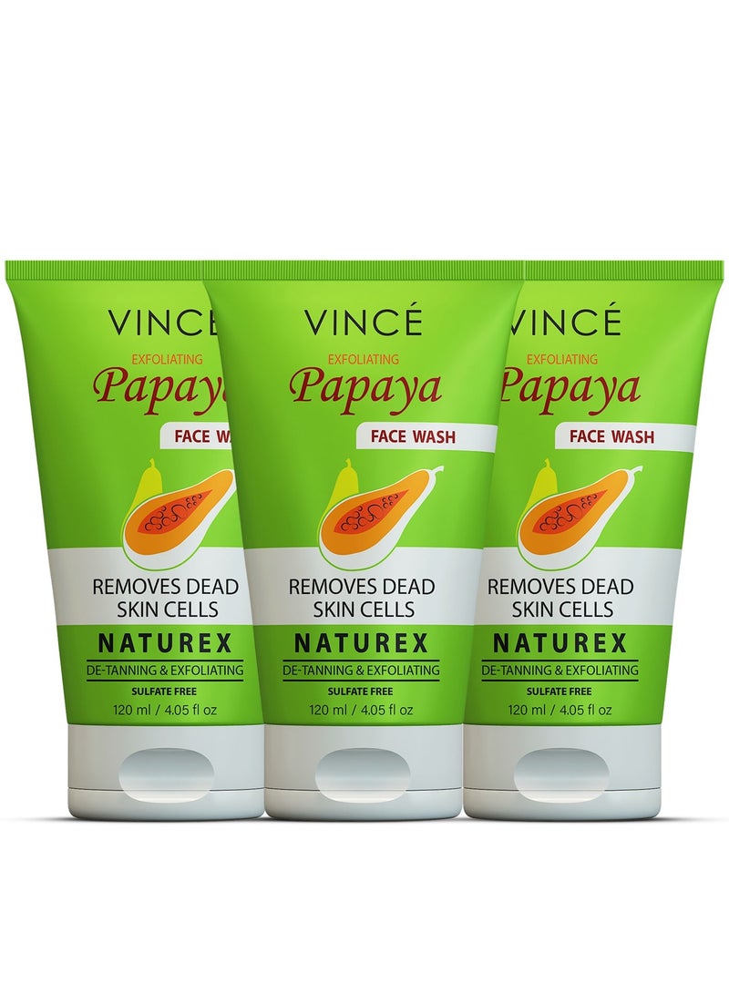 VINCE Papaya Face Wash - Pack of 3 – Exfoliates Dead Skin, Removes Toxins, Impurities & Dullness – Reduces Tan, Brightens & Lightens Skin Tone – Leaves Skin Hydrated, and Glowing – 120ml Each