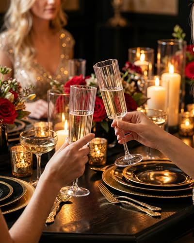 Ciaell 24 Pack Plastic Champagne Flutes - 6 Oz Flower Wavy Champagne Plastic Glasses - Heavy Duty Vintage Disposable Flutes for Party & Anniversary & Wedding - Image 3