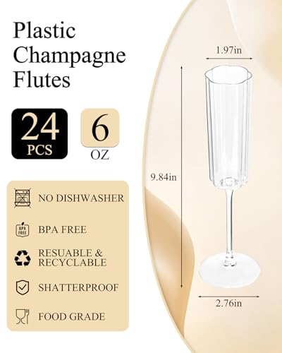 Ciaell 24 Pack Plastic Champagne Flutes - 6 Oz Flower Wavy Champagne Plastic Glasses - Heavy Duty Vintage Disposable Flutes for Party & Anniversary & Wedding - Image 2
