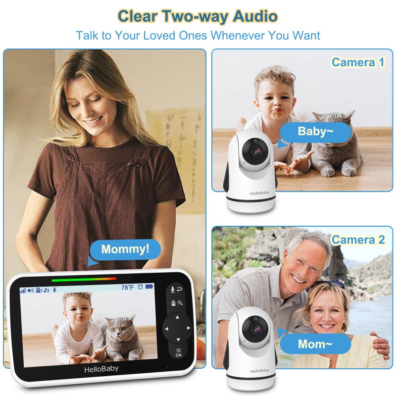 HelloBaby Video Baby Monitor with 2 Cameras and 5 Inch Split Screen Display, Remote Control Cameras with Night Vision and Temprature Monitoring - Image 4