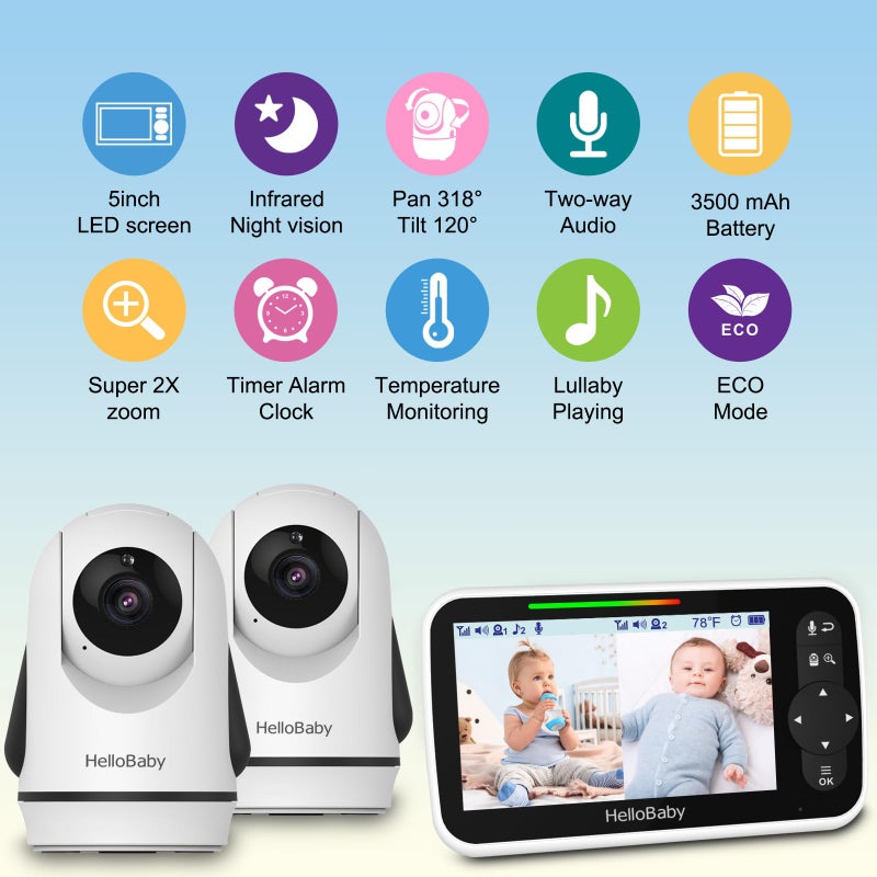 HelloBaby Video Baby Monitor with 2 Cameras and 5 Inch Split Screen Display, Remote Control Cameras with Night Vision and Temprature Monitoring - Image 2
