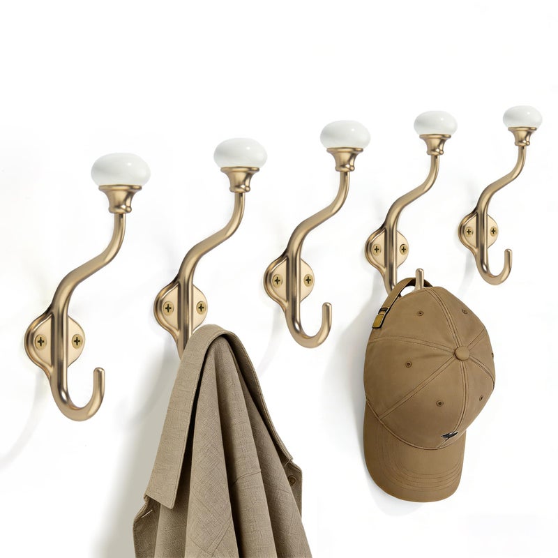 TUNNY Coat Hooks - 5 Pack Champagne Bronze Towel Hooks Robe Hooks Decorative Wall Hooks for Bathroom Bedroom Kitchen Towel Robe Clothes Cabinet Closet Bathroom Hardware - Image 1