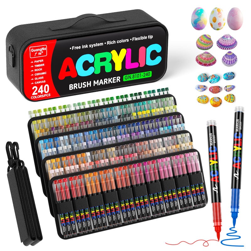 Sanyetral 240 Colors Acrylic Paint Markers with Carrying Bag and Shoulder Strap, Soft Brush Tip Paint Pens, Acrylic Pens for Wood, Canvas, Glass, Fabric, Egg, Rock Painting and DIY Crafts Art Supplies (240) - Image 1