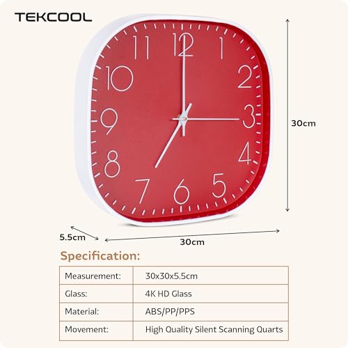 TEKCOOL Plastic Analogue Wall Clock 12" Silent Quartz Decorative Latest Wall Clock Non-Ticking Classic Clock Battery Operated Round Easy to Read for Room/Home/Kitchen/Bedroom/Office/School.Red - Image 3