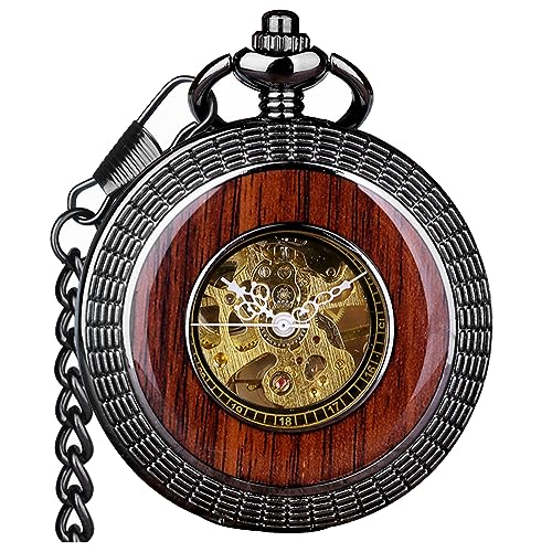 VIGOROSO Men's Hand-Wind Mechanical Pocket Watch Vintage Steampunk Wood Grain Hollow Design with Chain and Box - Image 1