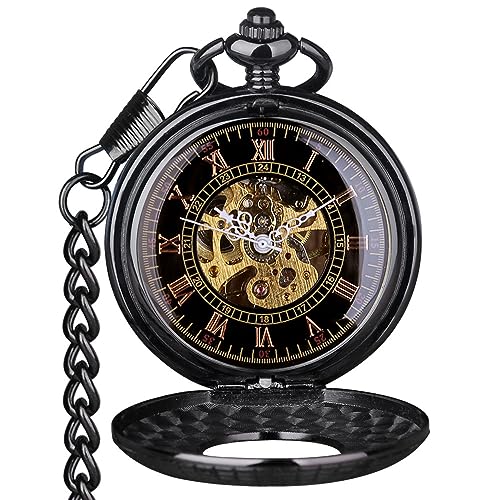 VIGOROSO Men's Hand-Wind Mechanical Pocket Watch Vintage Steampunk Wood Grain Hollow Design with Chain and Box - Image 2