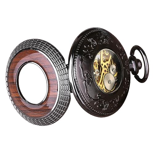 VIGOROSO Men's Hand-Wind Mechanical Pocket Watch Vintage Steampunk Wood Grain Hollow Design with Chain and Box - Image 3