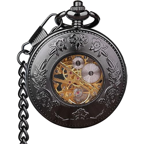 VIGOROSO Men's Hand-Wind Mechanical Pocket Watch Vintage Steampunk Wood Grain Hollow Design with Chain and Box - Image 4