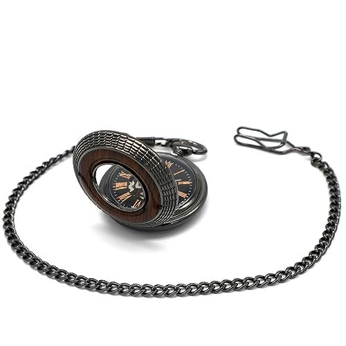 VIGOROSO Men's Hand-Wind Mechanical Pocket Watch Vintage Steampunk Wood Grain Hollow Design with Chain and Box - Image 5