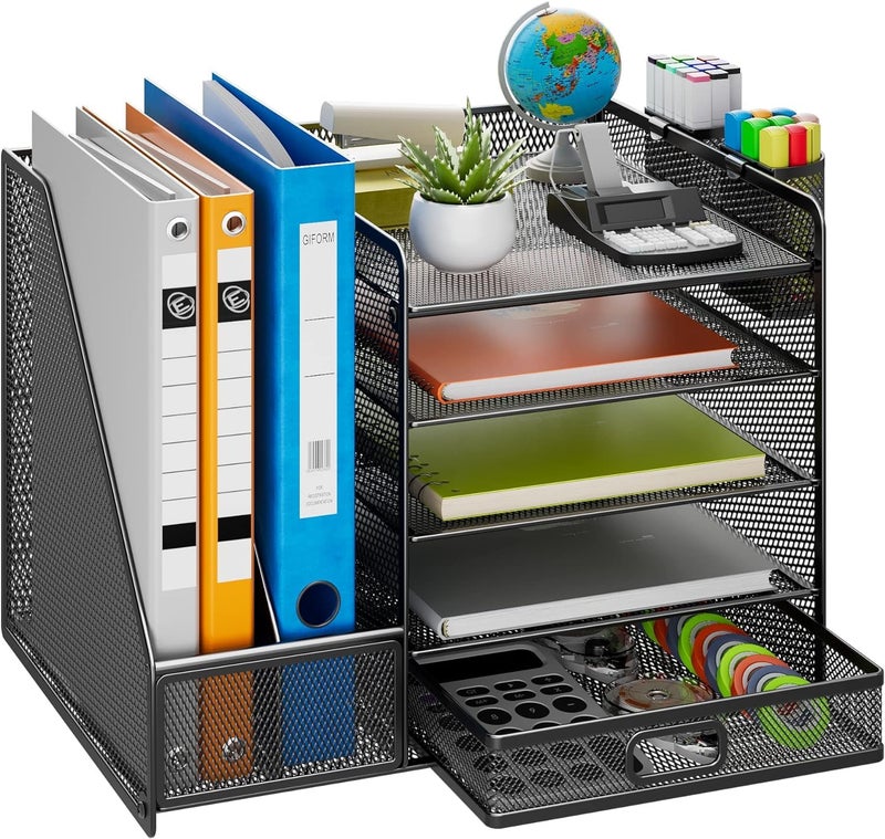 HMXLJJY Mesh Desk Organiser with Vertical File Holder 5-Tier Paper Letter Tray with Drawer and 2 Pen Holder,Desktop Organiser with Magazine Holder for Office Supplies Home or School (Black) - Image 1