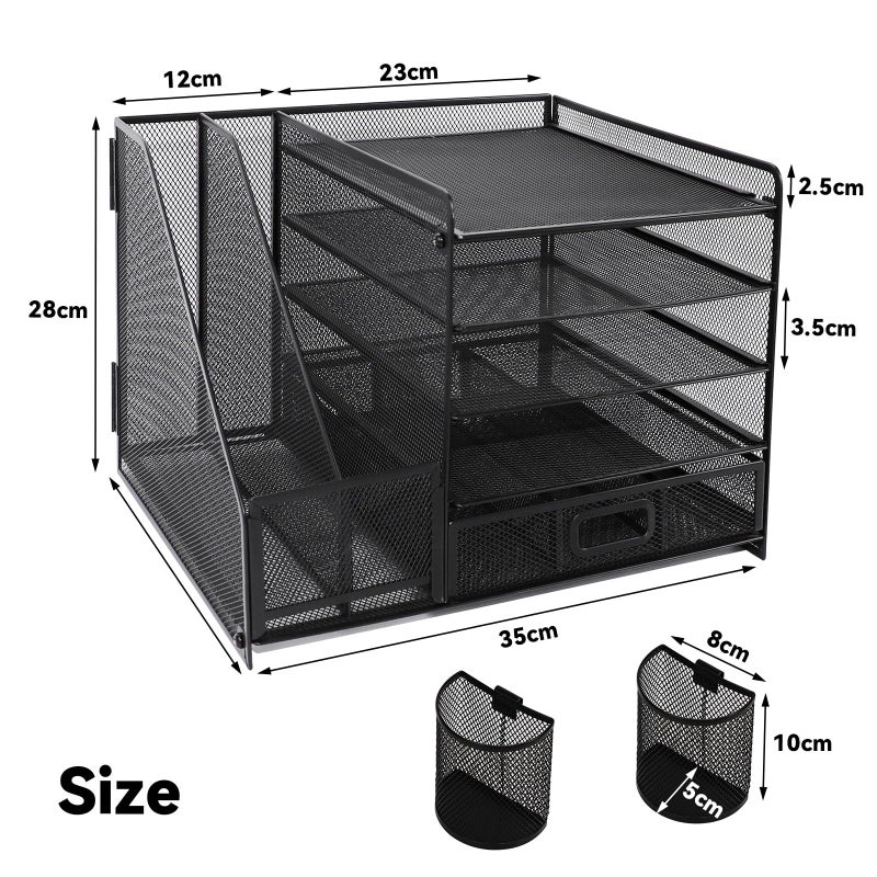 HMXLJJY Mesh Desk Organiser with Vertical File Holder 5-Tier Paper Letter Tray with Drawer and 2 Pen Holder,Desktop Organiser with Magazine Holder for Office Supplies Home or School (Black) - Image 2