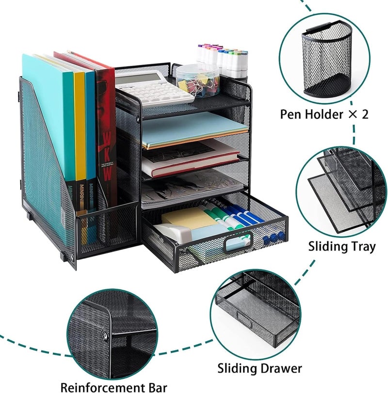 HMXLJJY Mesh Desk Organiser with Vertical File Holder 5-Tier Paper Letter Tray with Drawer and 2 Pen Holder,Desktop Organiser with Magazine Holder for Office Supplies Home or School (Black) - Image 5