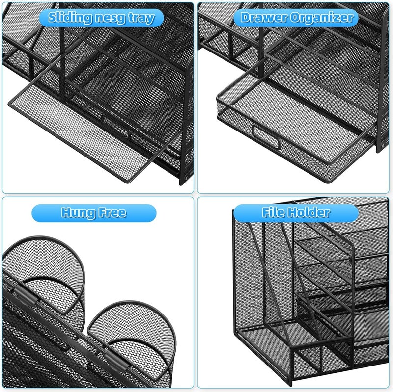 HMXLJJY Mesh Desk Organiser with Vertical File Holder 5-Tier Paper Letter Tray with Drawer and 2 Pen Holder,Desktop Organiser with Magazine Holder for Office Supplies Home or School (Black) - Image 3