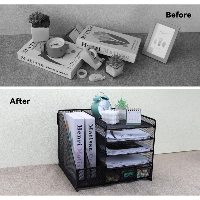 HMXLJJY Mesh Desk Organiser with Vertical File Holder 5-Tier Paper Letter Tray with Drawer and 2 Pen Holder,Desktop Organiser with Magazine Holder for Office Supplies Home or School (Black) - Image 4