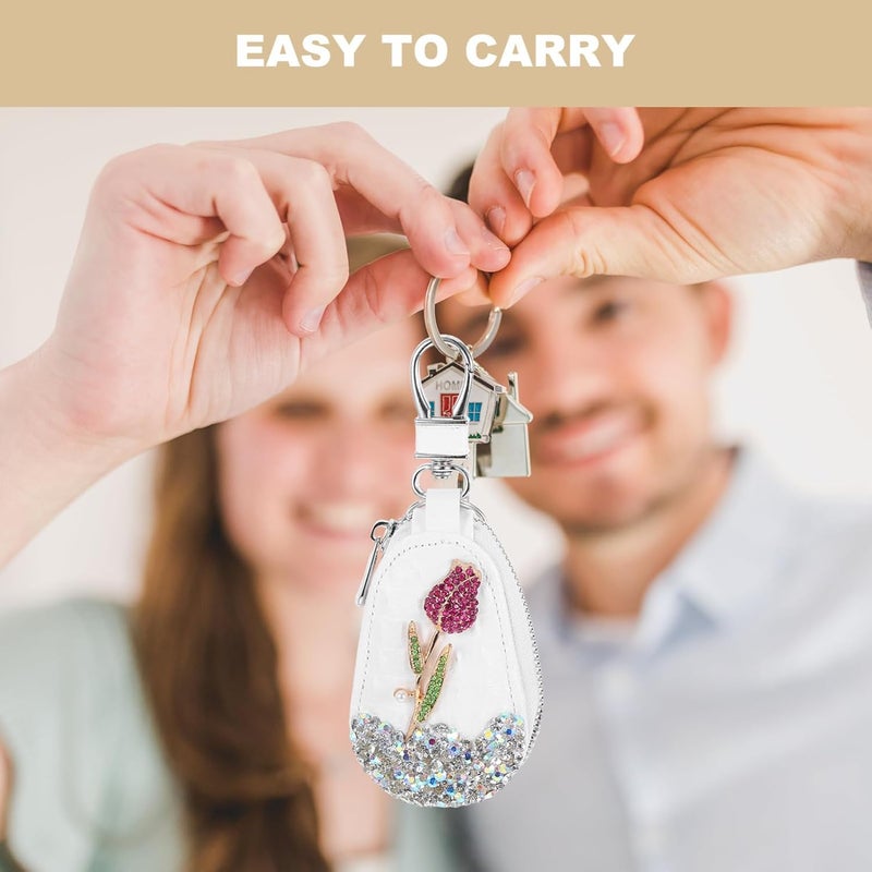 OUNONA Bling Car Key Bag Rhinestones Rose Flower Key Protector Car Key Holder Car Remote Case Portable Key Pouch for Keychain Car Key Sleeve Key Accessory for Women - Image 1
