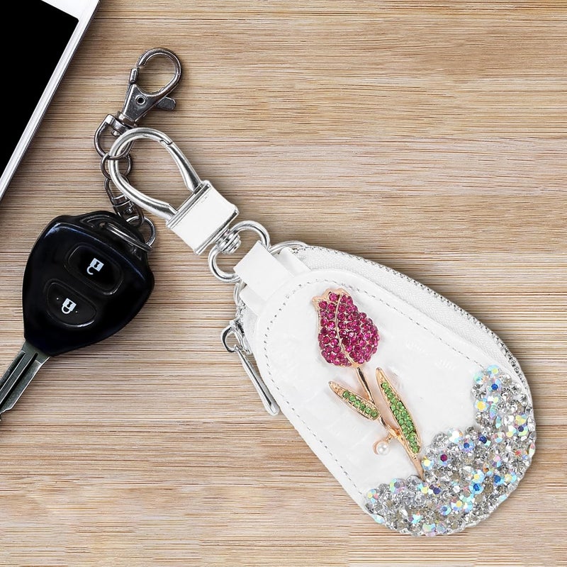 OUNONA Bling Car Key Bag Rhinestones Rose Flower Key Protector Car Key Holder Car Remote Case Portable Key Pouch for Keychain Car Key Sleeve Key Accessory for Women - Image 5