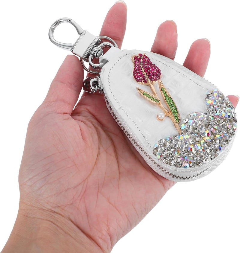 OUNONA Bling Car Key Bag Rhinestones Rose Flower Key Protector Car Key Holder Car Remote Case Portable Key Pouch for Keychain Car Key Sleeve Key Accessory for Women - Image 2