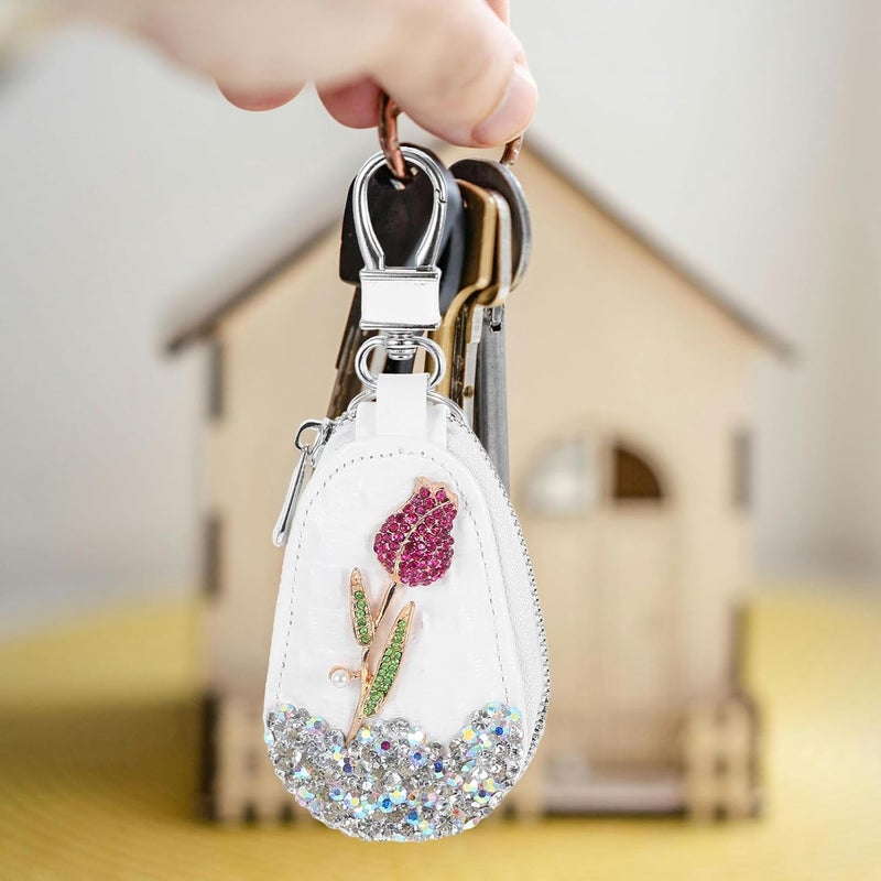 OUNONA Bling Car Key Bag Rhinestones Rose Flower Key Protector Car Key Holder Car Remote Case Portable Key Pouch for Keychain Car Key Sleeve Key Accessory for Women - Image 3