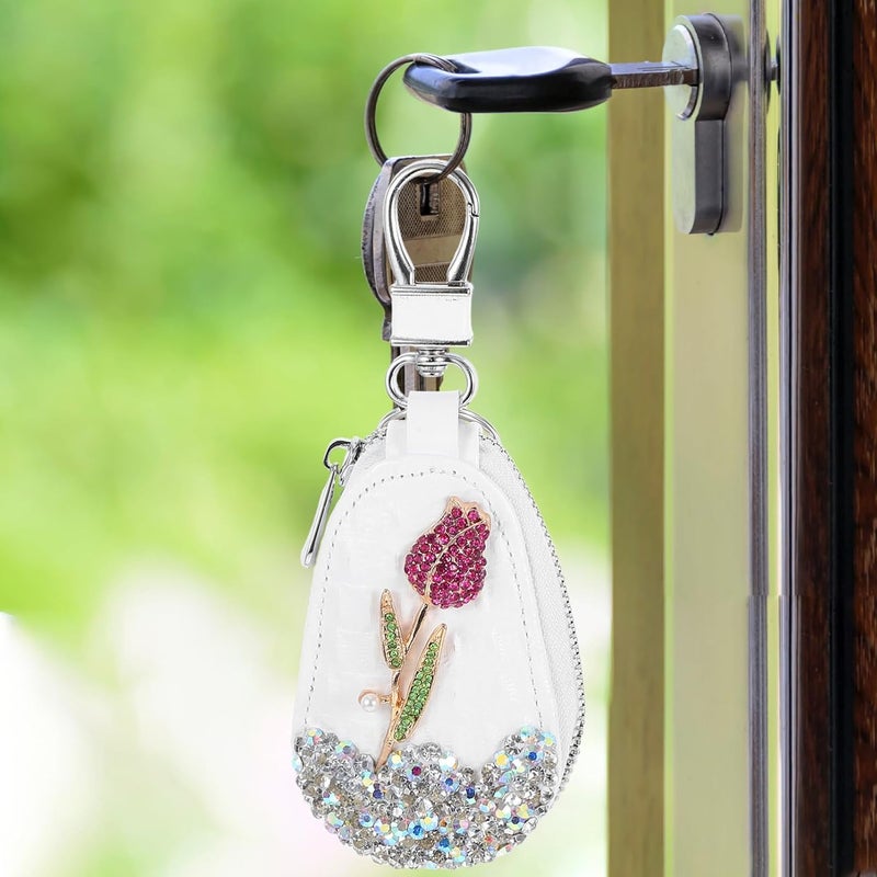 OUNONA Bling Car Key Bag Rhinestones Rose Flower Key Protector Car Key Holder Car Remote Case Portable Key Pouch for Keychain Car Key Sleeve Key Accessory for Women - Image 4