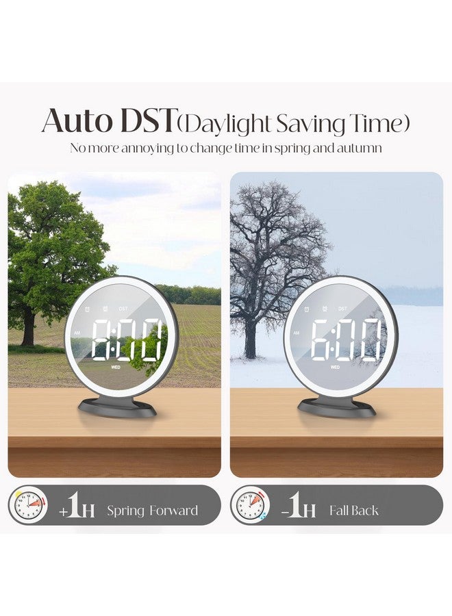 Jall Round Mirror Lighted Digital Alarm Clock, Mirror Surface For Makeup, Large Display, Easy Setting, Auto Dst, Auto Dimming, Usb Port, Modern Decor For Home, Bedroom, Office, Gift For Women, Girl, Black - Image 4