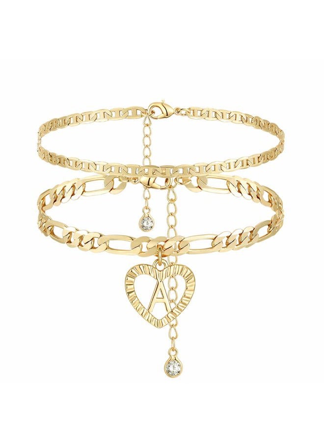 YANODA Initial Ankle Bracelets for Women 14K Gold Plated Layered Figaro Chain Letter Initial Anklets Handmade Layered Heart Ankle Bracelets Personalized Jewelry for Women L - Image 4