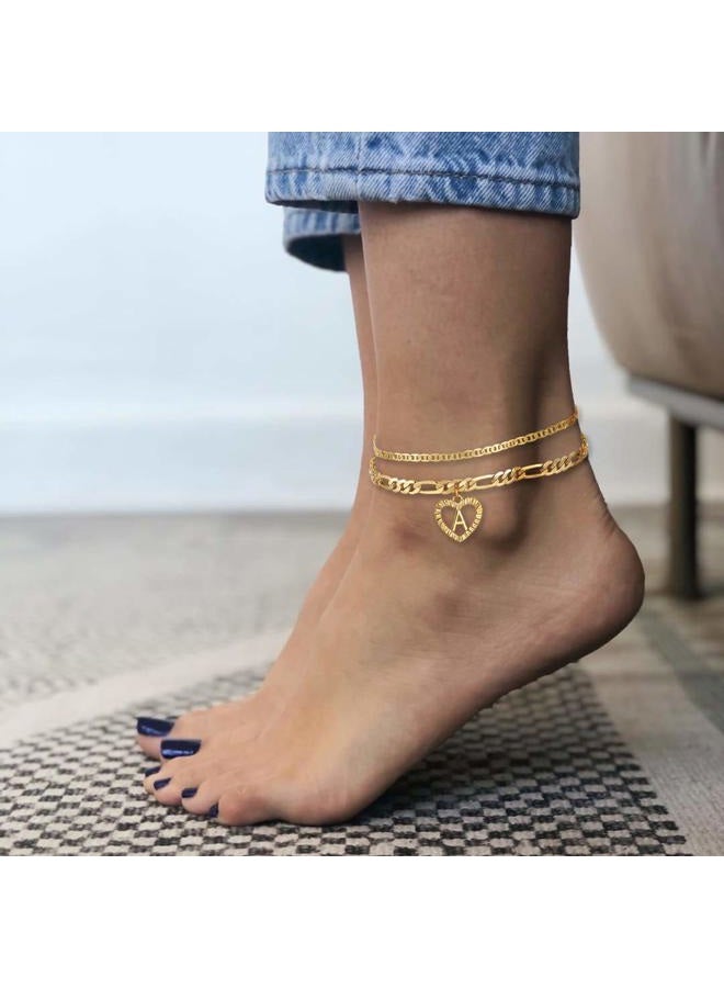 YANODA Initial Ankle Bracelets for Women 14K Gold Plated Layered Figaro Chain Letter Initial Anklets Handmade Layered Heart Ankle Bracelets Personalized Jewelry for Women L - Image 2