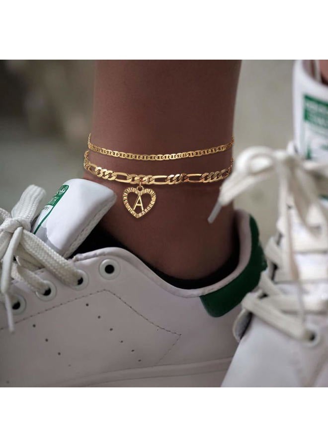 YANODA Initial Ankle Bracelets for Women 14K Gold Plated Layered Figaro Chain Letter Initial Anklets Handmade Layered Heart Ankle Bracelets Personalized Jewelry for Women L - Image 3