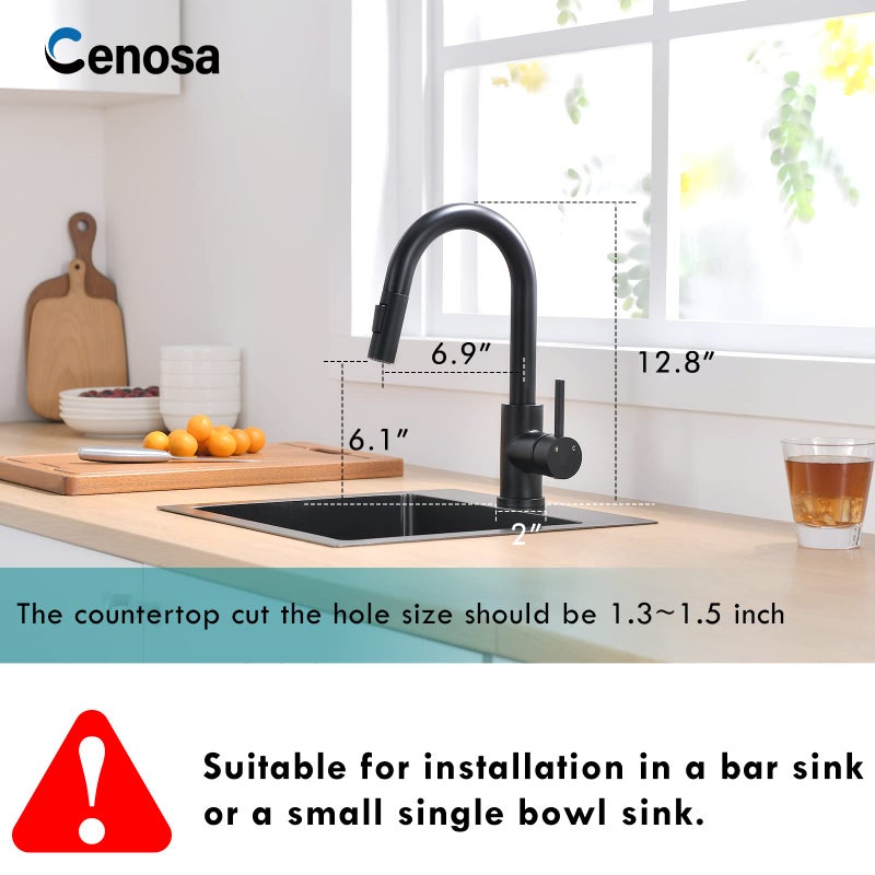 Cenosa Modern Bar Sink Faucet for Kitchen Sink Single Handle with Pull Out Sprayer Hot and Cold Prep Sink Faucet Matte Black - Image 2