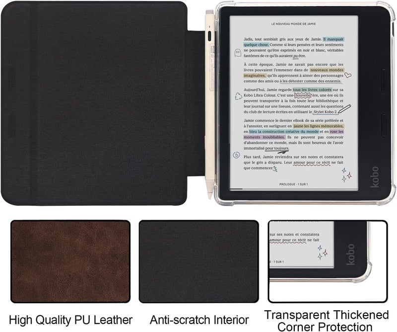 GOVTVA حقيبة جلدية من نوع Folio لقارئ Kobo Libra Colour مقاس 7 بوصة (2024) - غطاء فائق النحافة مع خاصية السكون/الاستيقاظ التلقائي المحسّنة، وظهر شفاف من TPU، وإغلاق مغناطيسي، وحامل للقلم (بني جلد البقر) - Image 2